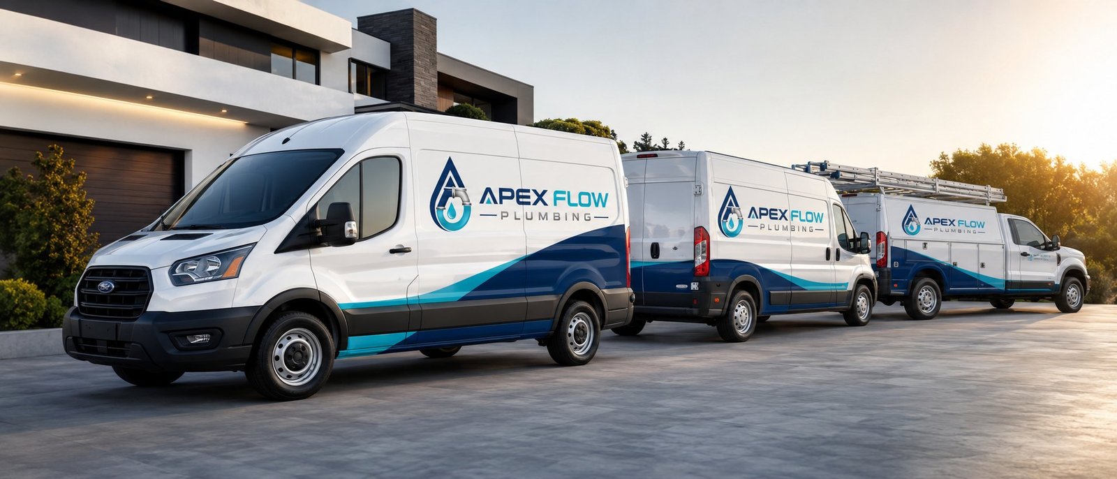 Apex Flow Plumbing branded service van fleet outside a modern Central Valley home