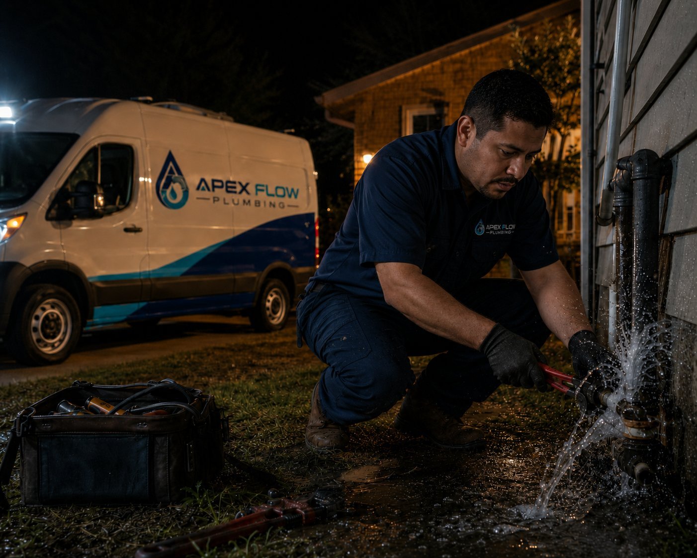 Apex Flow plumber repairing a burst pipe at night beside the service van