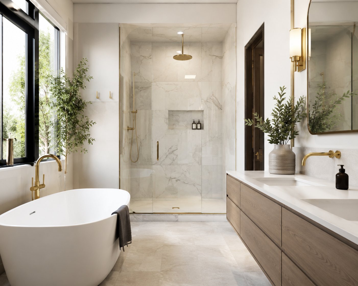 A finished modern bathroom installed by Apex Flow Plumbing