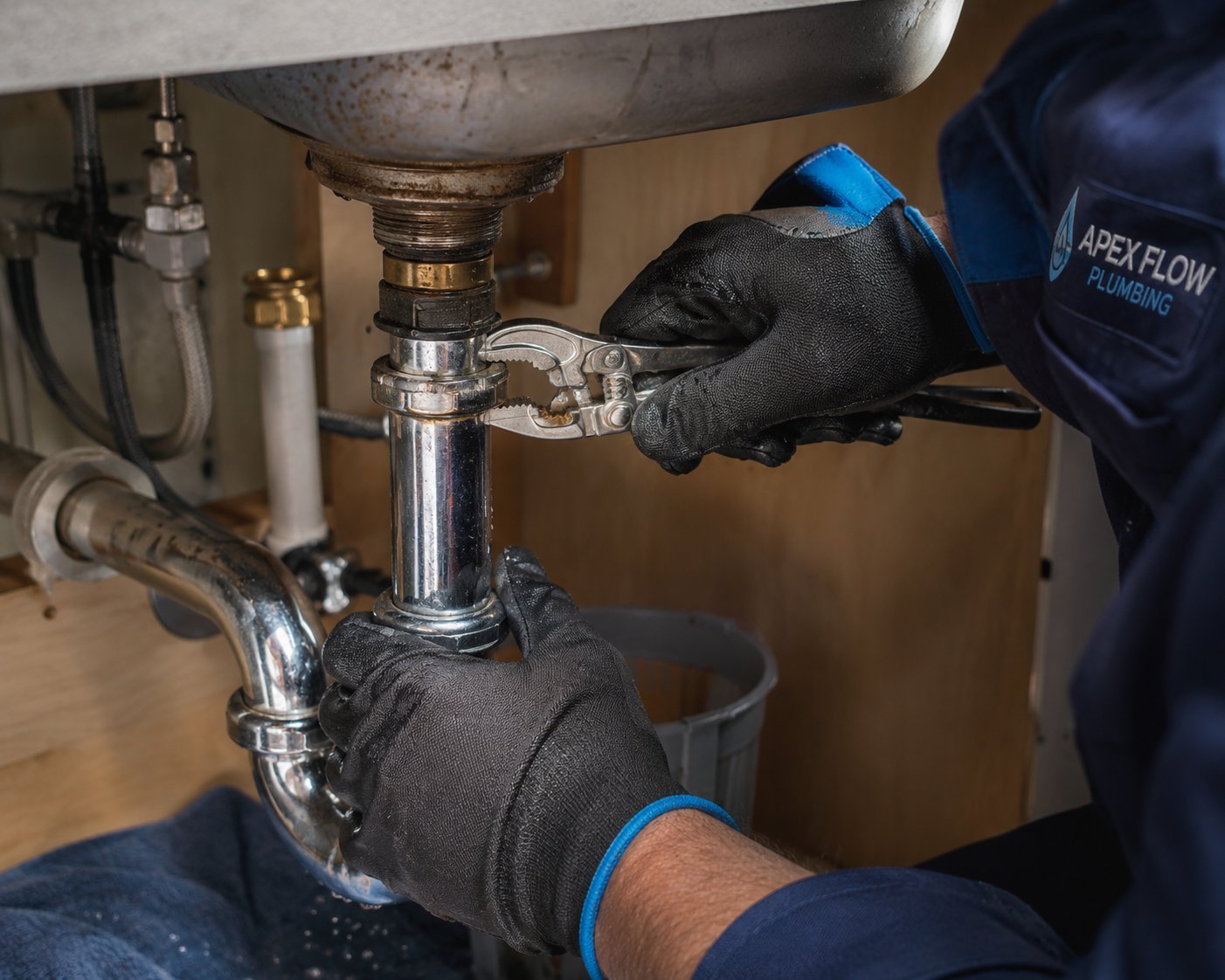 Close-up of an Apex Flow plumber repairing a faucet