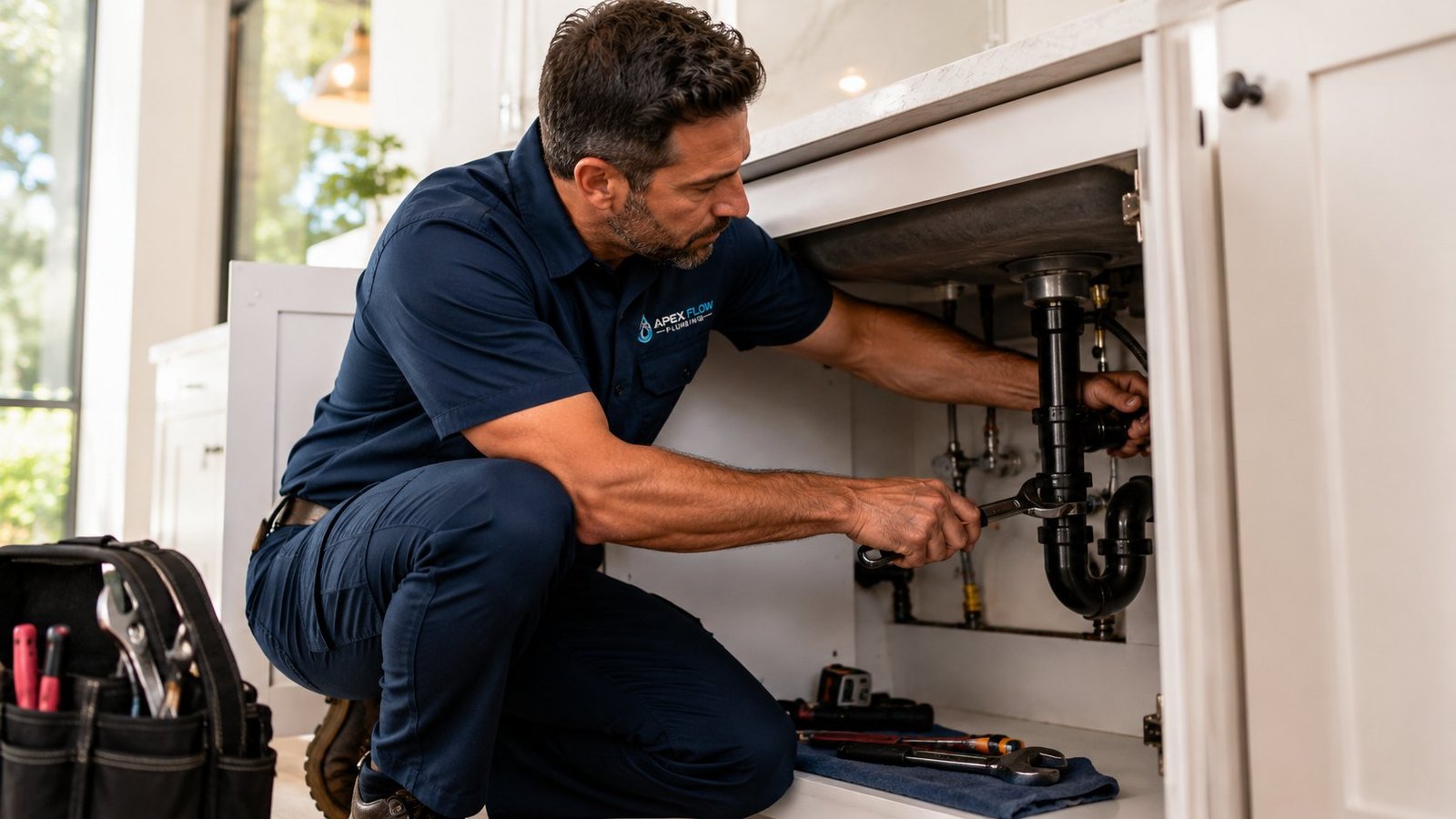 Apex Flow plumber repairing a kitchen sink